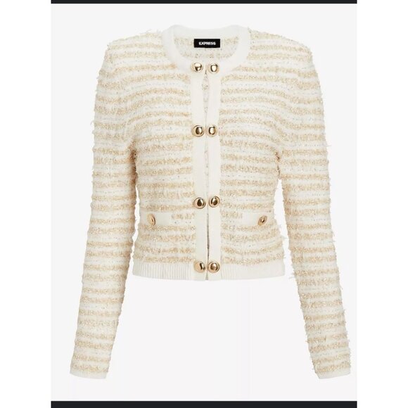 Gold Button Front Striped Bouclé Cardigan Sweater For Women - Express Size S Whi - Picture 2 of 13